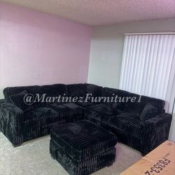 BRAND NEW THICK FLUFFY BLACK CORDUROY SECTIONAL SOFA COUCH WITH OTTOMAN (NEW IN BOXES )