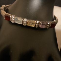 Vintage Gold Over 925 Sterling Silver Bangle Bracelet With Multi Colored Gem Stones