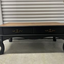 Rustic French Cottage-Inspired Coffee Table with Two-Drawer Storage 