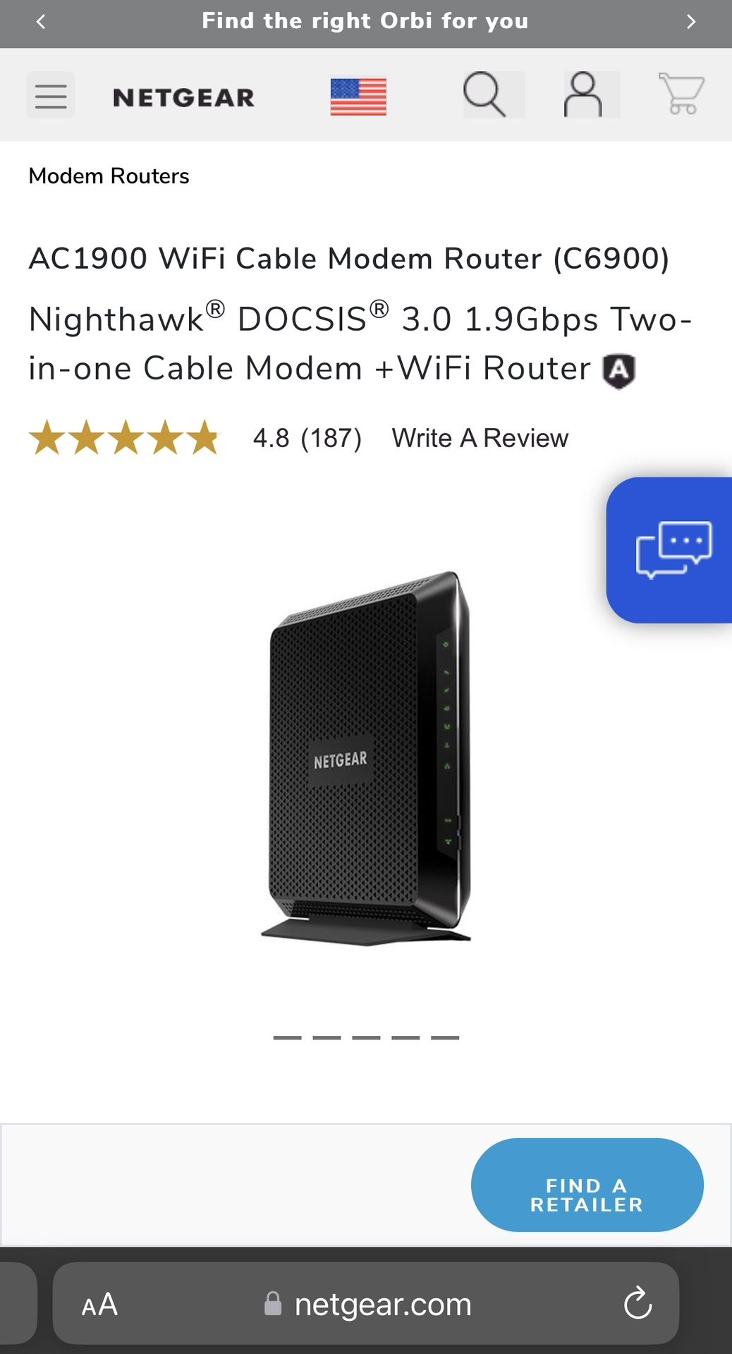 AC1900 WiFi Cable Modem Router (C6900) -75$