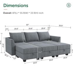 Modular Sectional Sleeper Sofa for Living Room Modular Couch with Storage Seats, Bluish Grey
