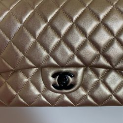 Chanel Medium Double Flap Bag Metallic Patent Leather Bronze