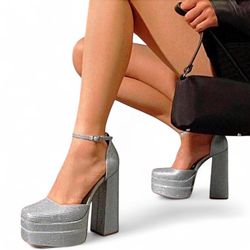 Y2k Rhinestone Silver Chunky Platform Pumps With A Block Heel, A Square Toe, & Sparkly Ankle Straps