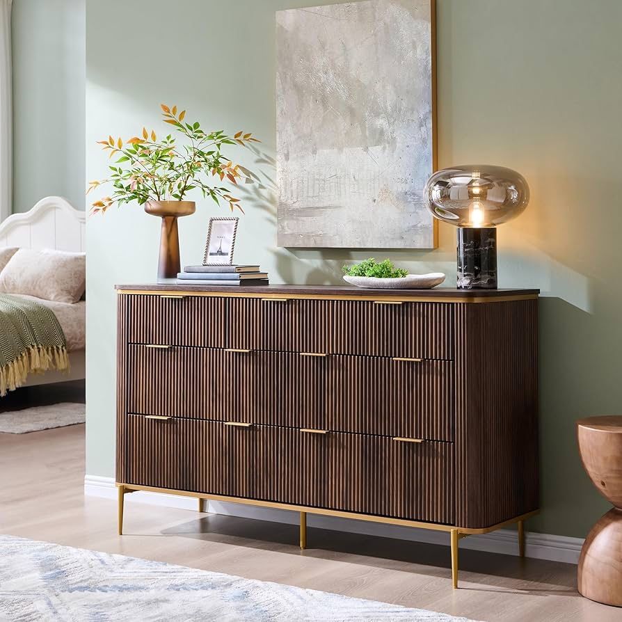 Fluted 7 Drawers Dresser for Bedroom, 54" Wide Modern Dresser TV Stand, Gold Accents, Fluted Fronts, Wood Storage Dressers Organizer for Bedroom, Livi