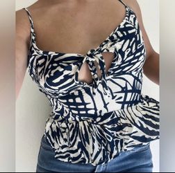 Navy & White Print Medium Tank Top, Tie Front Detail, Adjustable Straps
