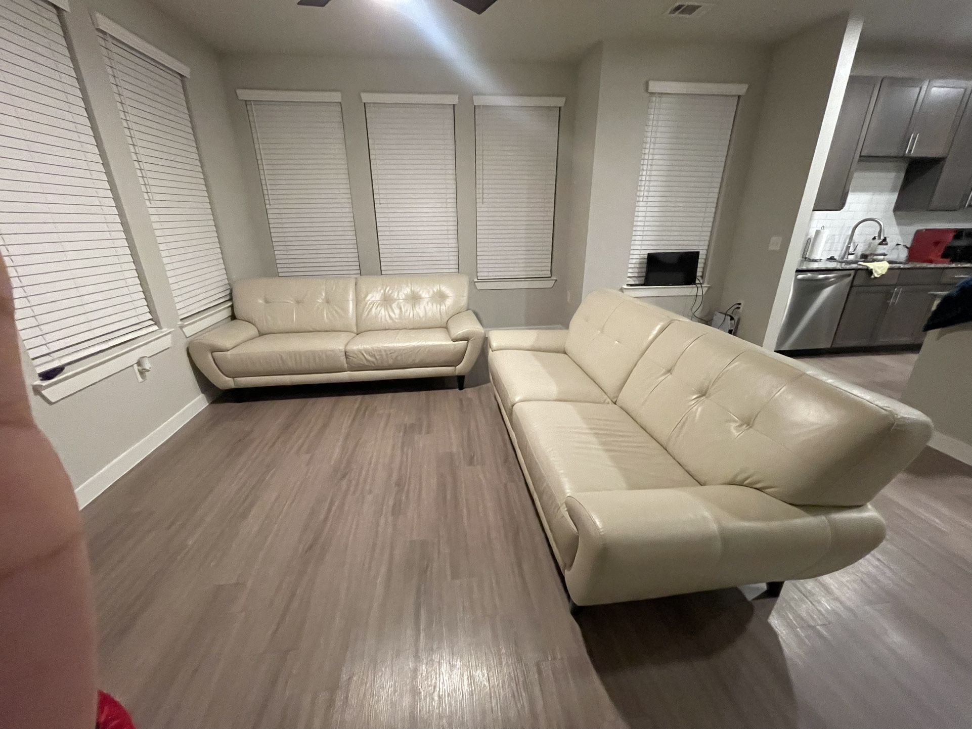 Cream Two Piece Leather Sofa Set