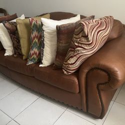 Brown Leather Couch + Love Seat & Pillows