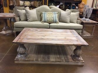 Coffee table white wash finish pedestal leg solid wood
