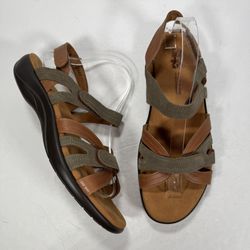 SAS Pier Heel Brown Olive Green Leather Strappy Sandals Women's Size 10M