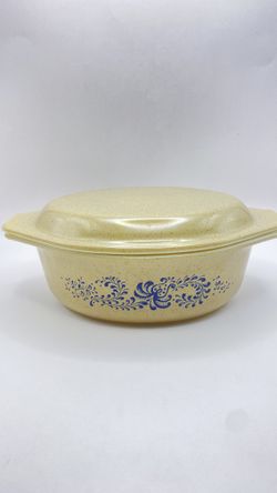 VTG Pyrex Homestead Tan Speckled w/Blue Cinderella Design Oval Pattern 1.5qt Casserole Dish with Lid