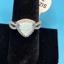 # 78- Opal Center Ring with Pave Moissanite Halo Size 7