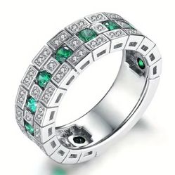 Men's Women's 14K White Gold Plated Emerald Green Cubic Zirconia Ring