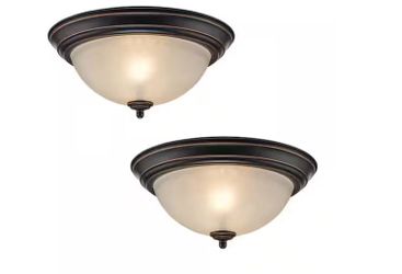 12.75 in 2-Light Oil Rubbed Bronze Flush Mount Light Fixture with Tea Stained Glass Shade (2-Pack)