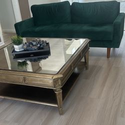 Elegant Green Velvet Sofa & Gold Mirrored Coffee Table Set – Like New!”