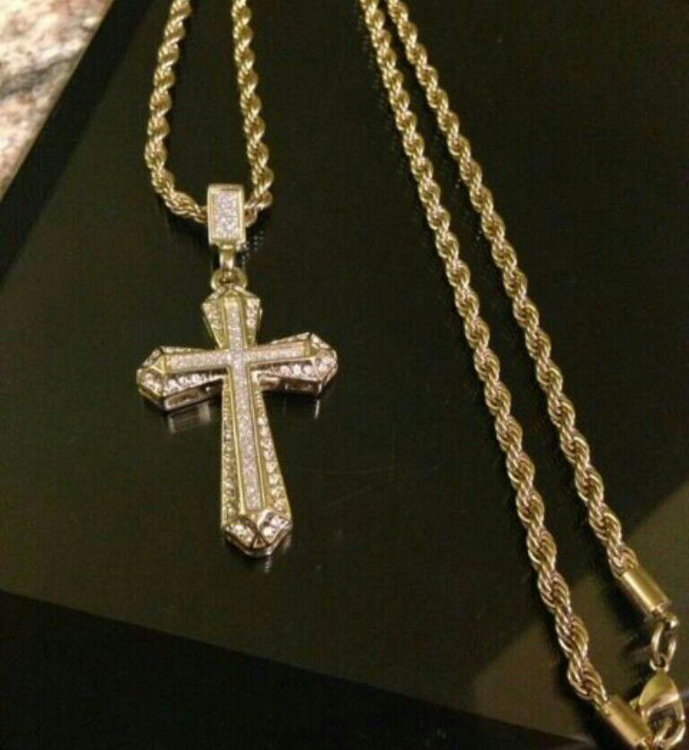 Gold Plated 8mm 24" Rope Chain w/ Swarvoski Crystal Cross