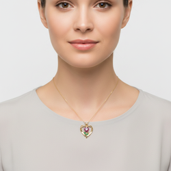 10K Yellow Gold Ruby, Emerald & Diamond Flower & Heart Pendant - 0.01ct