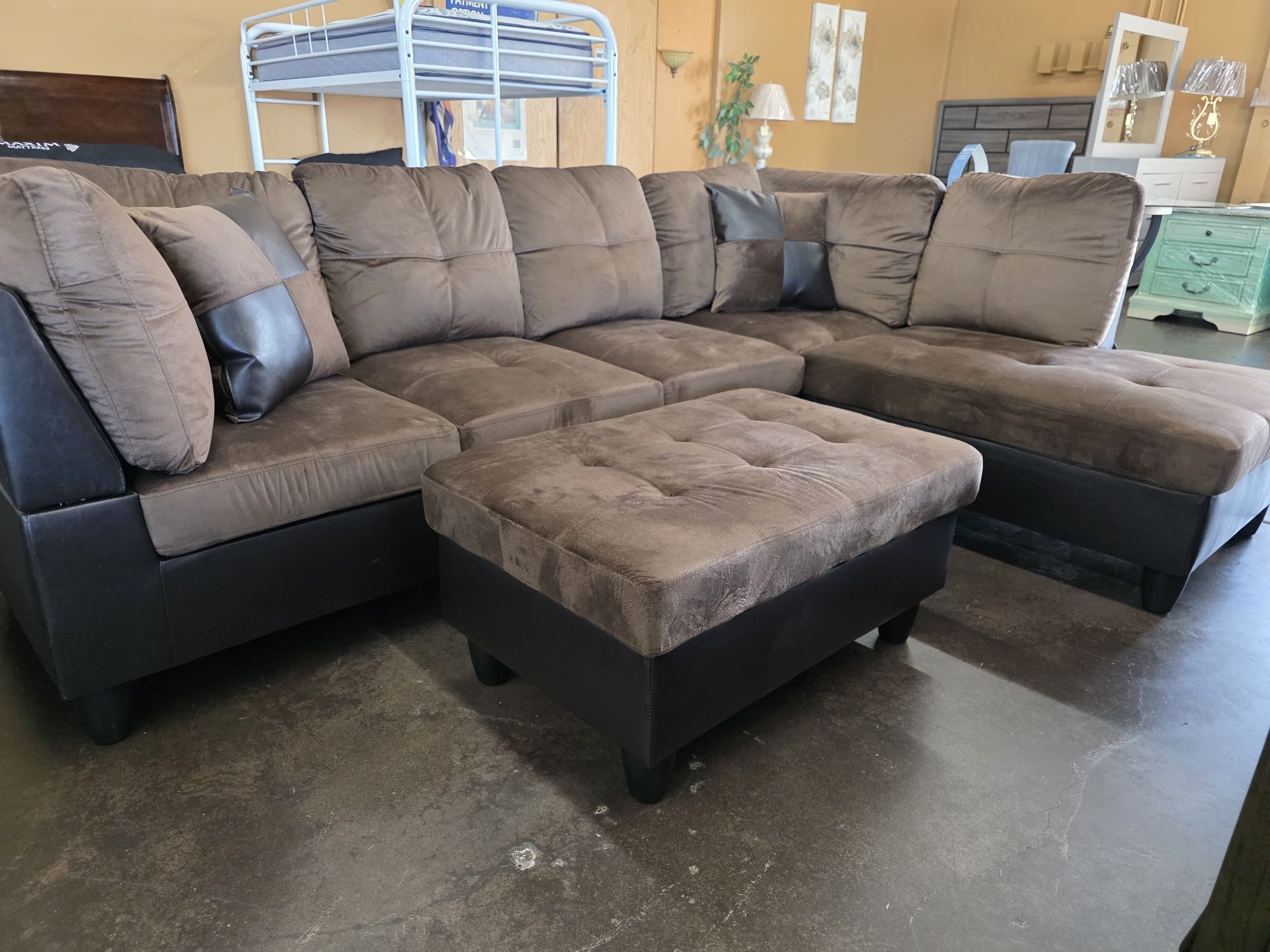 Two-tone chocolate brown Microfiber Sectional with storage ottoman and accent Pillows
