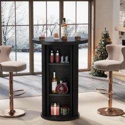 36" Tall Round Bar Table, Black Tambour Dining Table with Three-Layer Storage Shelf.