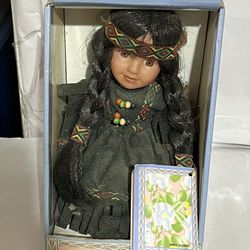 Vtg Girl Doll Small Green Dress Brown Eyes And Black Hair With Headband 