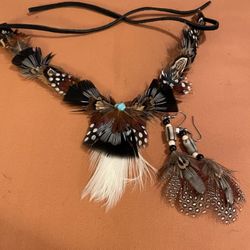 Native American Inspired Feather Collar, Necklace, And Matching Drop Earrings