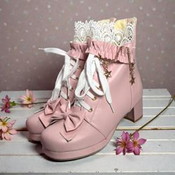 Coquette Pink Lace-Up Bow Ankle Boots