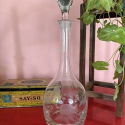 Vintage Floral Etched Glass Bottle Decanter with Stopper  