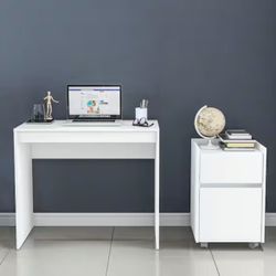 33 in. Rectangular White Wood Writing Desk with 1-Drawer/1-Door Cabinet