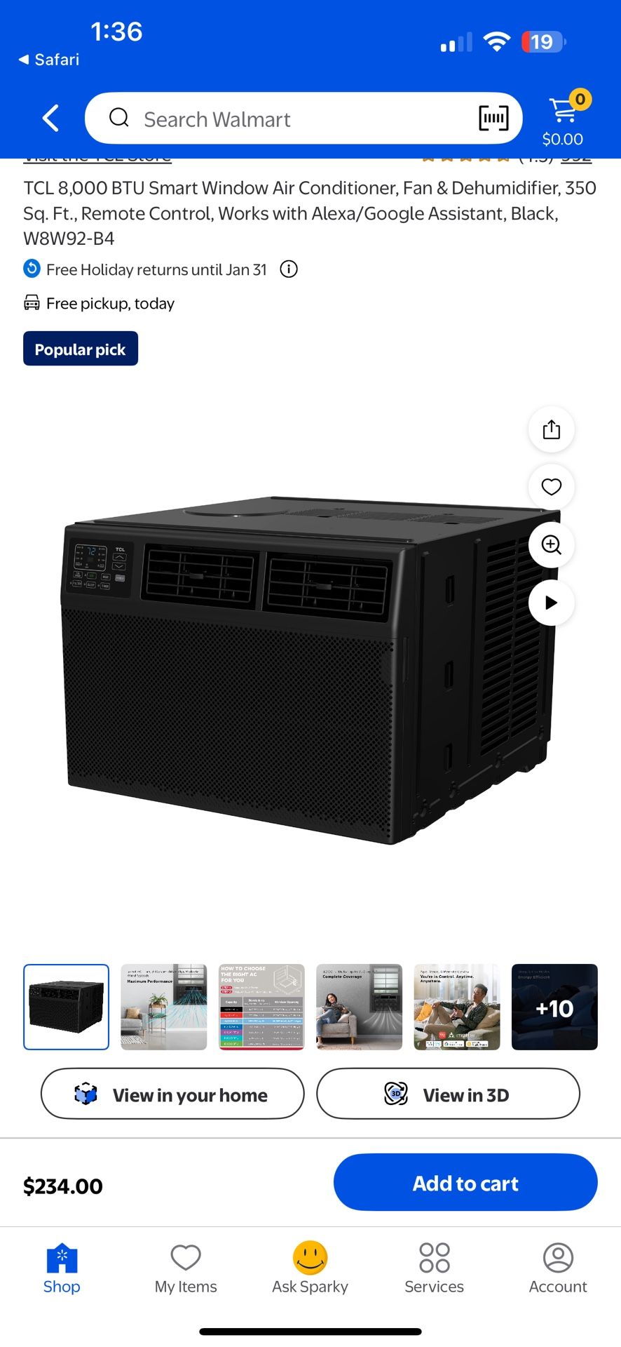 TCL 8,000 BTU Smart Window Air Conditioner, Fan & Dehumidifier, 350 Sq. Ft., Remote Control, Works with Alexa/Google Assistant, Black, W8W92-B4