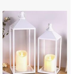 odern Farmhouse Lantern Decor, 17" 13" Set of 2 Wedding Lantern Centerpiece with Pillar Candle, White Candle Lanterns Decorative for Wedding, Mantle,