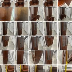 Bombay Company Mahogany 2 Piece Wood Cabinet with Shelves & Glass Doors. READ . Used in good condition with cosmetic blemishes. These blemishes are in