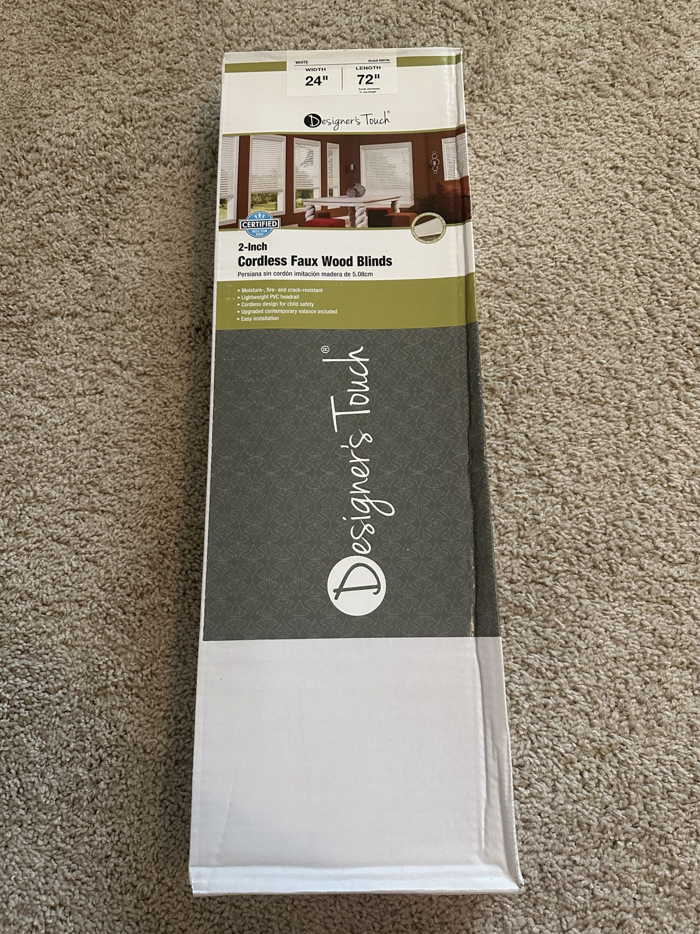 Designer‘s Touch White Cordless Room Darkening 2 in. Faux Wood Blind for Window - 24 in. W x 72