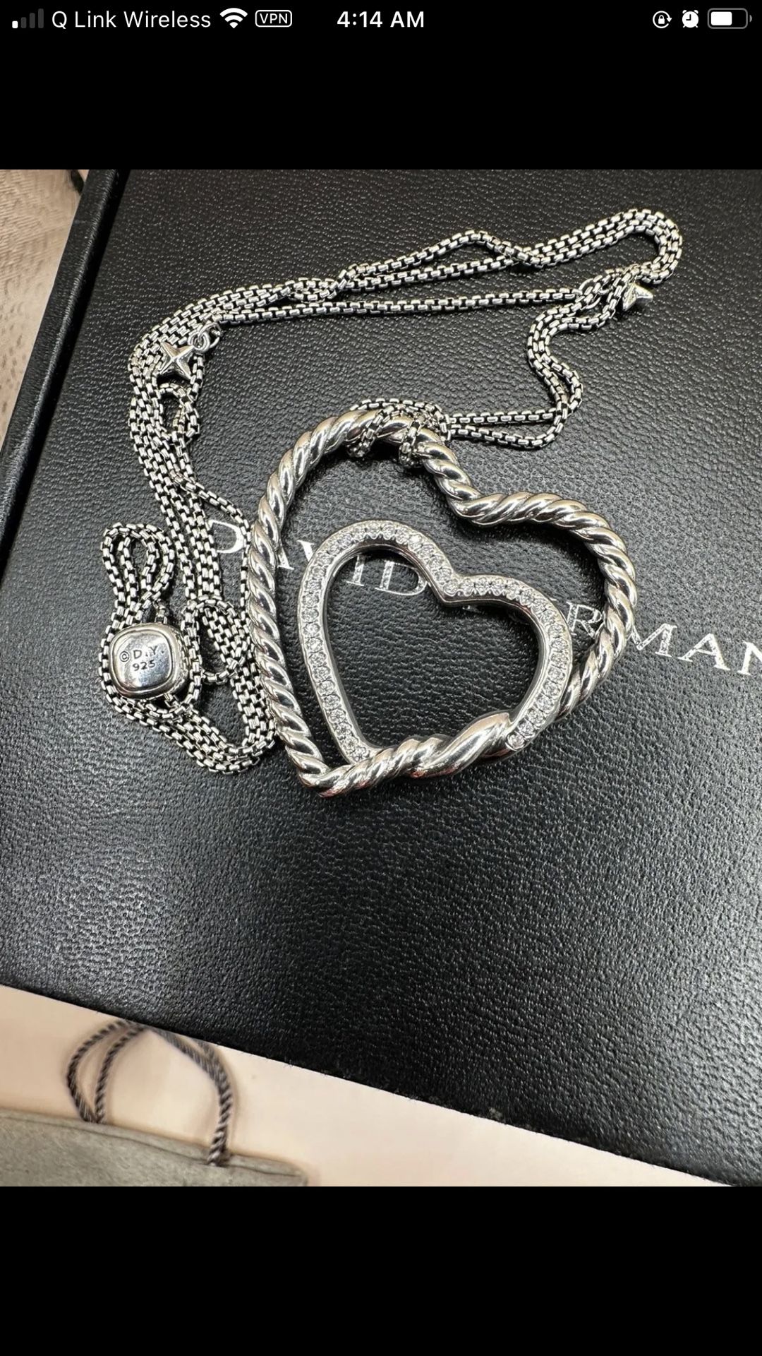 DAVID YURMAN 925 Silver Continuance 38mm Diamond Heart Pendant Necklace