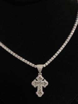 925 Moissanite Baguette Cross Tennis Necklace — 18”