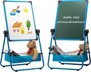 Children's Whiteboard, Art Easel for Children, Double-Sided Whiteboard and Black Board with Stand and Adjustable 360 Degrees, Blue