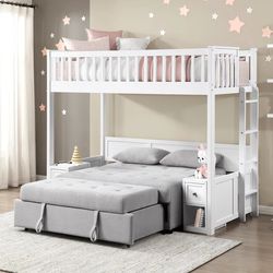 Mega sale! Youth-Aerie Collection innovative white twin loft bed-velvet futon sofa and night stands included. Free delivery