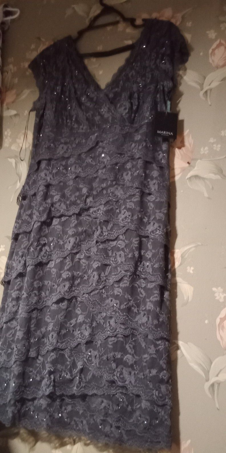 Marina Gunmetal Sequin and Lace Midi Dress