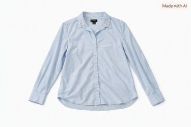 Liz Claiborne light blue button-up shirt with faux pearls on the collar, L. EUC