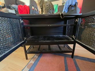 Black Media Console with Woven Cane Doors