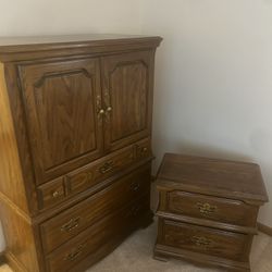 Lot of 10 Pieces Of Wood Furniture: 2 Dressers w/ Mirrors, Desk, Nightstand. Armoire, Curio Cabinet, 2 Rocking Chairs, Coffee Table, & Hallway Table