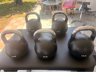 Nice kettle bells set in like new condition. 70-55-35-25-10 pounds