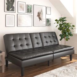Futon with Cupholder, Black Faux Leather 