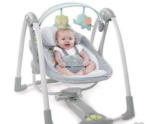 Brand New Ingenuity 5-Speed Portable Baby Swing with Music, Nature Sounds & Battery-Saving Technology - Hugs & Hoots, Swing 'n Go, 0-9 Months