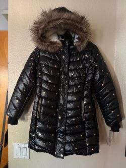 Cat & Jack Black Puffer Coat size M 7/8 with Gold Stars Girls