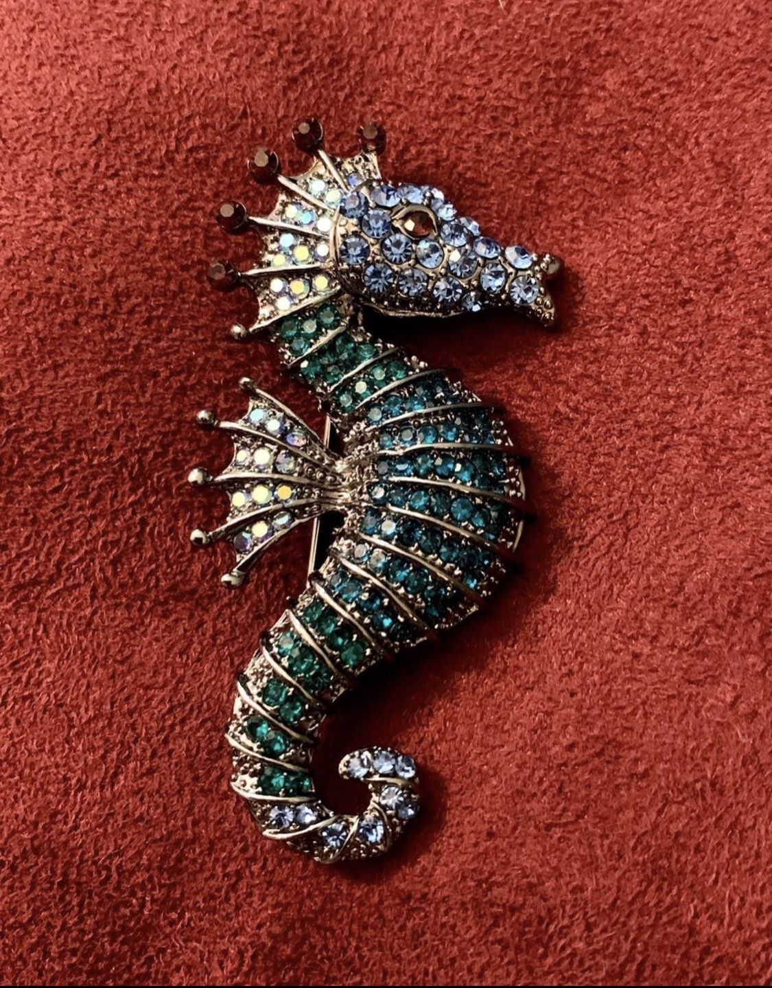 Blue rhinestone seahorse brooch  Approx 2.5”x1.25”