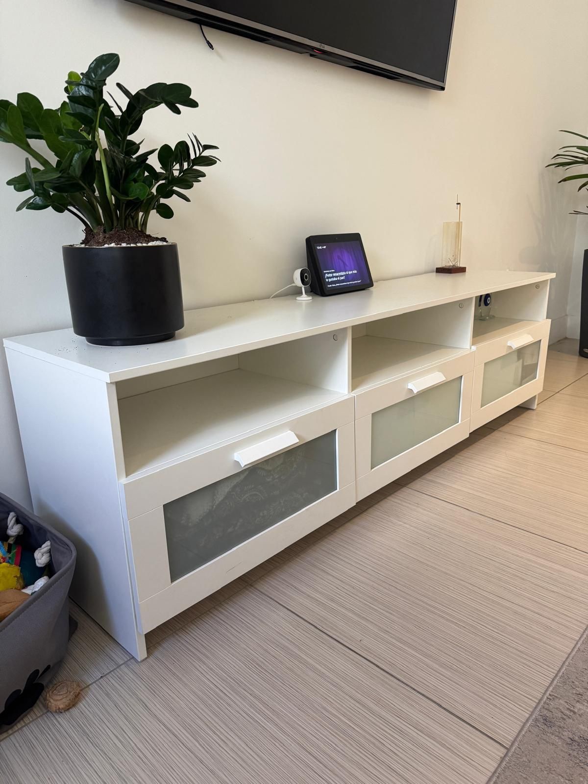 IKEA White TV Console with Frosted Glass Drawers