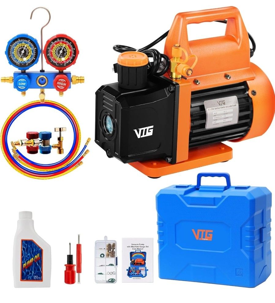 4.5 CFM AC Vacuum Pump and Gauge Setfor Mini Split/HVAC/Auto SystemsManifold Gauge Kit Compatible with R22 R32 R134aR410a