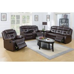 Brand New Brown Gel Leather Manual Reclining Sofa + Loveseat + Chair 3PCs Livingroom Set
