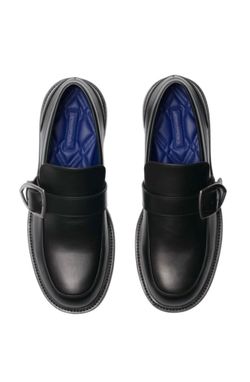 Burberry Black Leather Buckle Monk Strap Loafers with Blue