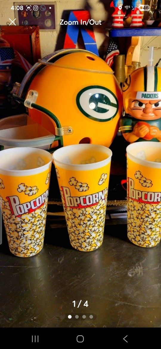 NFL, GREEN BAY PACKERS: NEW, ×3, CHIP N DIP HELMET, X3 POP CORN CONTAINERS: PACKER PLAYER DRINK CUP, FIRM.