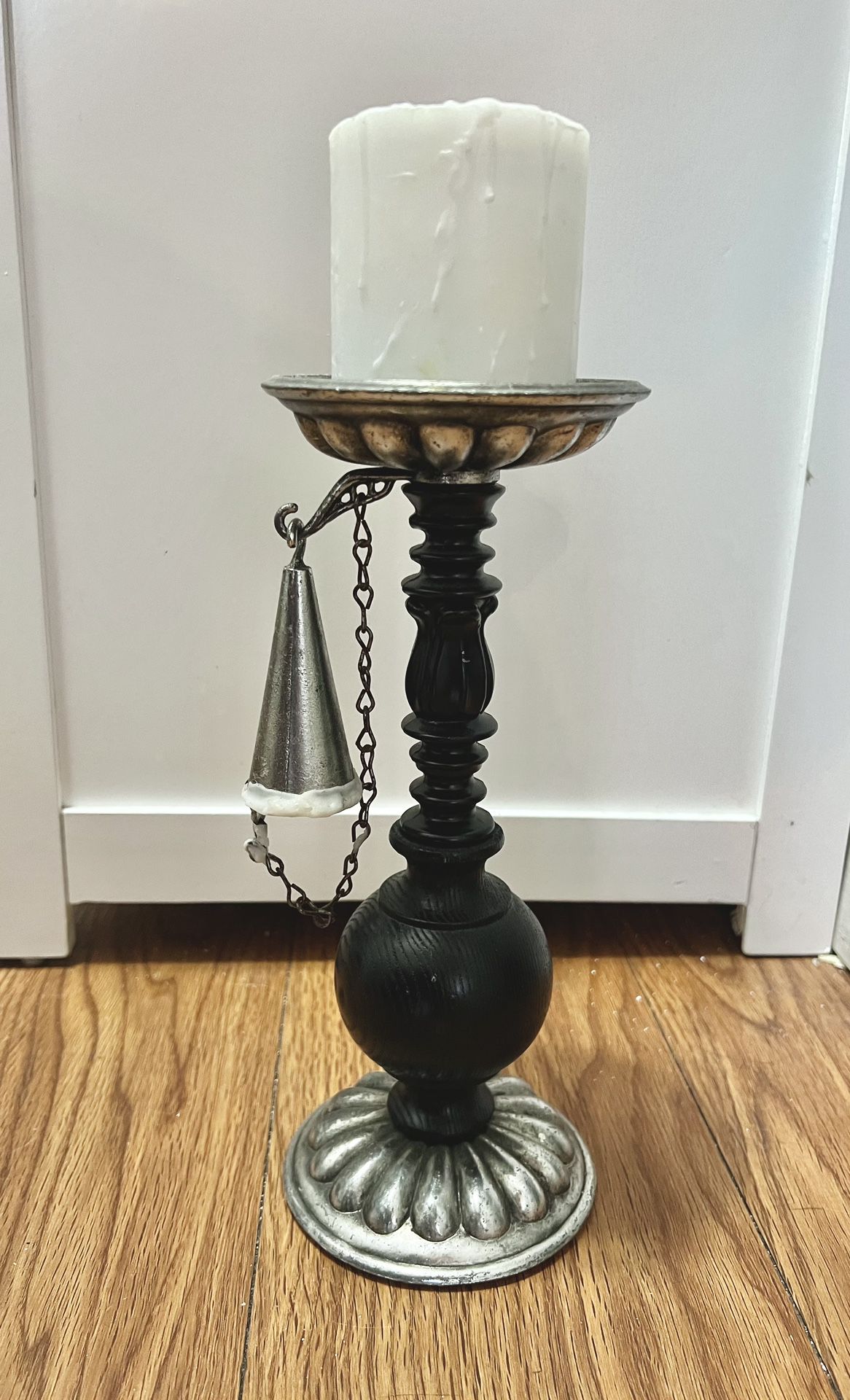 Great Condition: Vintage Style Tall Candle Holder, Metal Wood, Candle Snuffer on Chain Hook, +candle